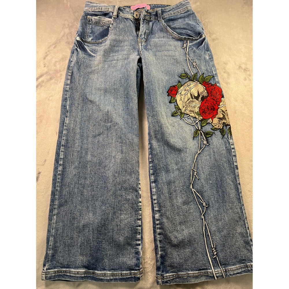 Telepatia Wide Leg Jeans Embroidered Skull Rose Barbed Wire Blue Denim 29